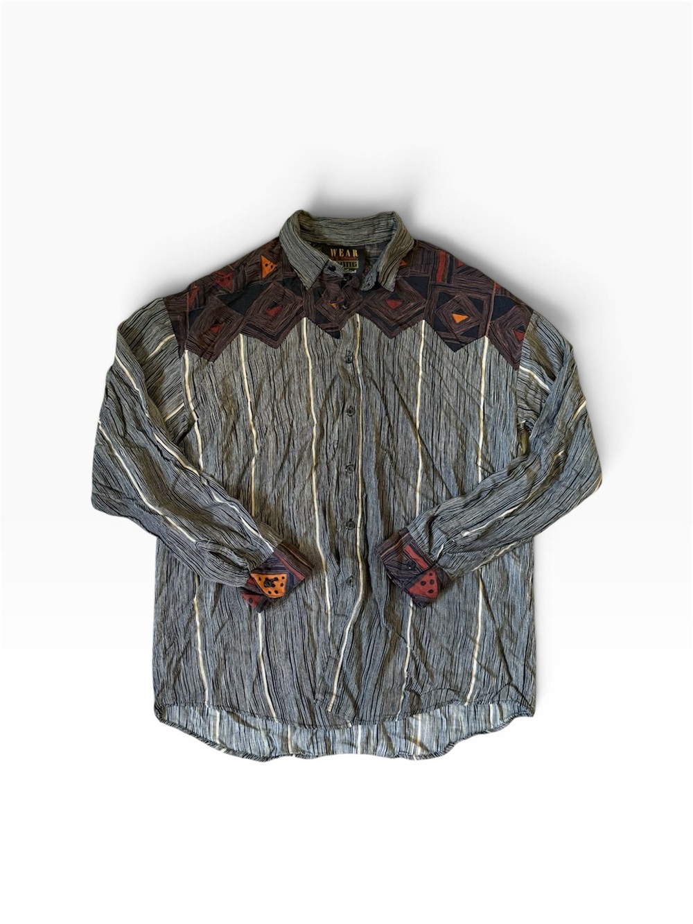 Men's Gray Striped Button-Down Shirt with Geometric Yoke